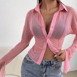 Pink mesh button blouse
